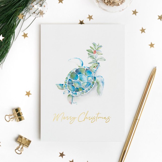Cartes de Noël de plage uniques Aquarelle Tortue d (Beach Christmas cards features watercolor sea turtle art by Victoria Grigaliunas of Do Tell A Belle)