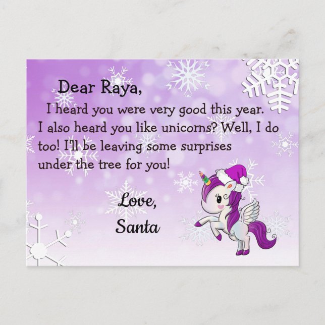 Cartes de Noël du Père Noël : Licorne Violette ave (Devant)