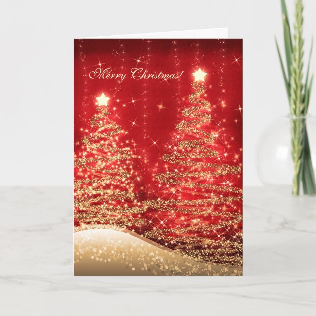 Cartes de Noël Élégantes Arbres Étincelants Rouge (Devant)