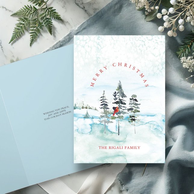 Cartes de Noël en Aquarelle Forêt neigeuse (non-photo folded Merry Christmas cards watercolor winter forest blue)