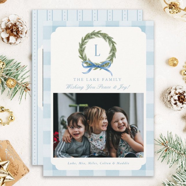 Cartes de Noël En vichy photo bleu Monogramme Wrea (Créateur téléchargé)