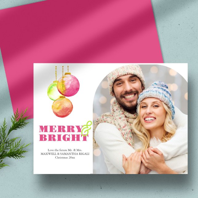 Cartes de Noël Joyeuses et brillantes (photo Christmas card bright pink, orange and green. Merry and Bright. )