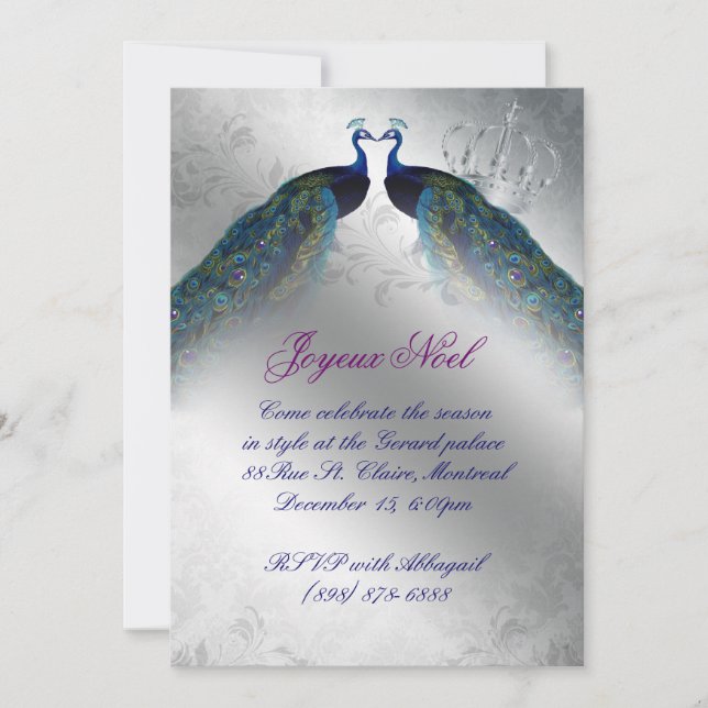 Cartes de Noël Peacock Invitation Blue Silver Joie (Devant)