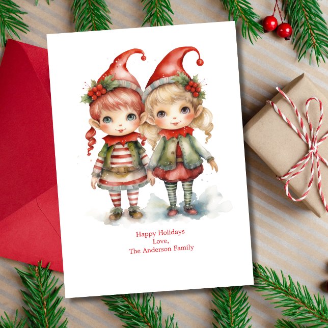 Cartes de Noël personnalisées Elfes Fêtes de fin d (Christmas Elves on this holiday card. Two cute elves. Printed or Digital Instant download)