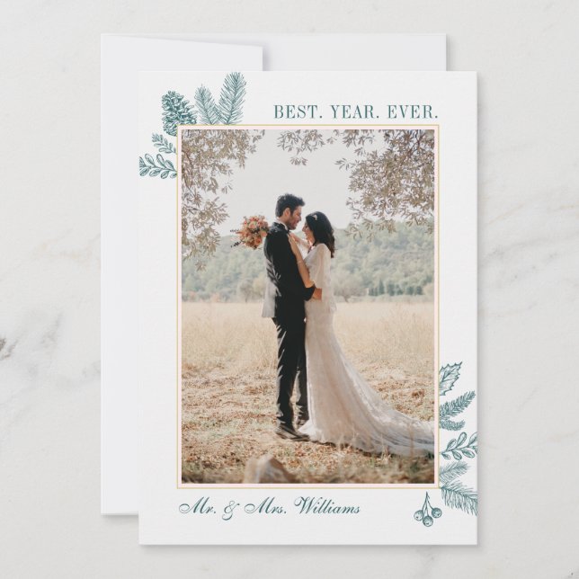 Cartes de Noël photo Floral Bleu-vert | Joyeux Noë (Devant)