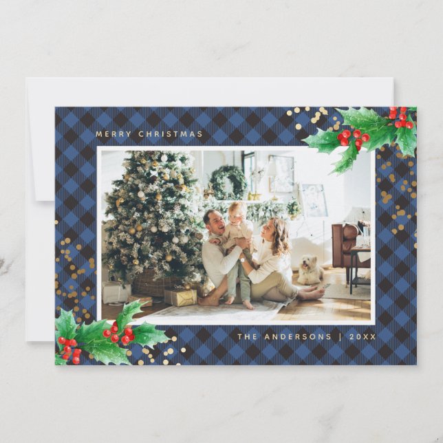 Cartes de Noël photo Holly Plaid de Buffalo Bleu (Devant)