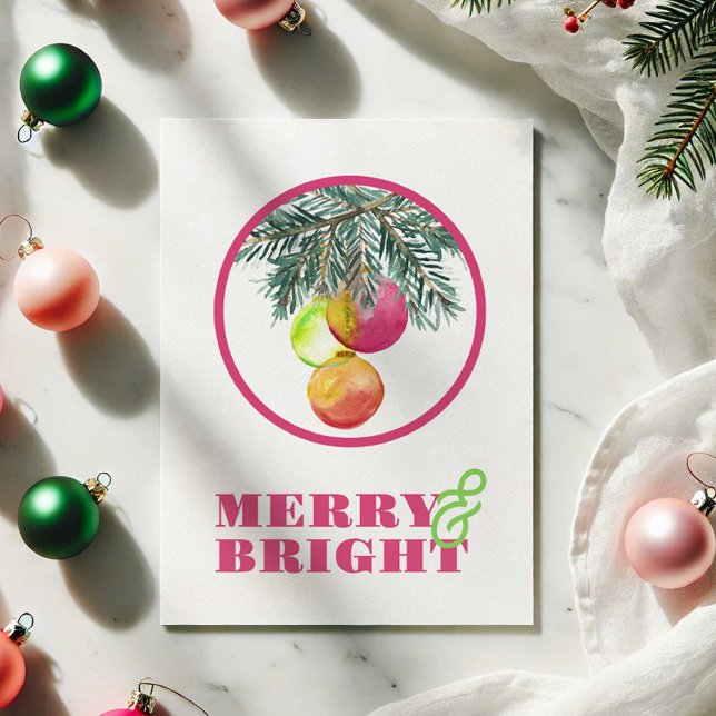 Cartes de Noël rose Aquarelle (Merry and Bright Christmas cards features watercolor pink bauble art by Victoria Grigaliunas )