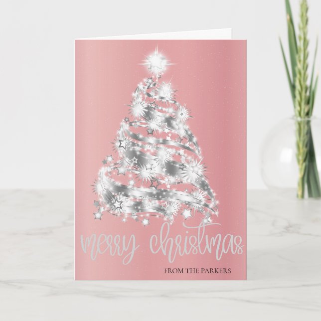 Cartes de Noël rose | Élégant arbre à étincelles (Devant)