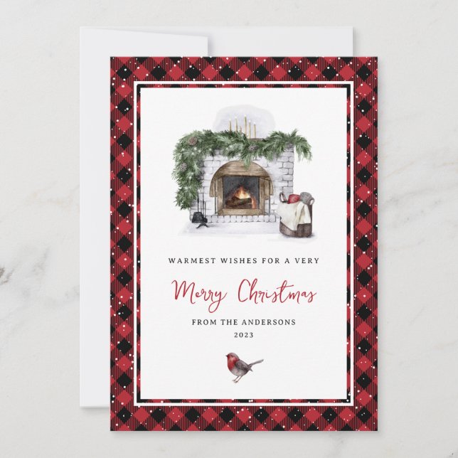 Cartes de Noël Rouge Plaid Aquarelle Chaleureuse (Devant)