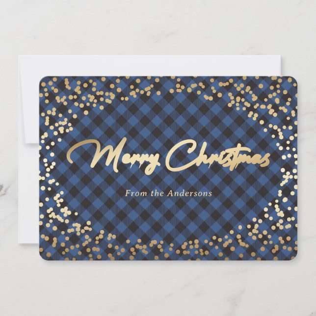 Cartes de Noël simples Bleu Plaid Or (Devant)