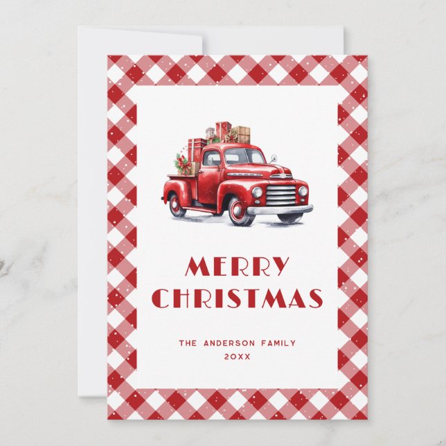 Cartes de Noël Snowry Joyeux de Camion Rouge (Devant)