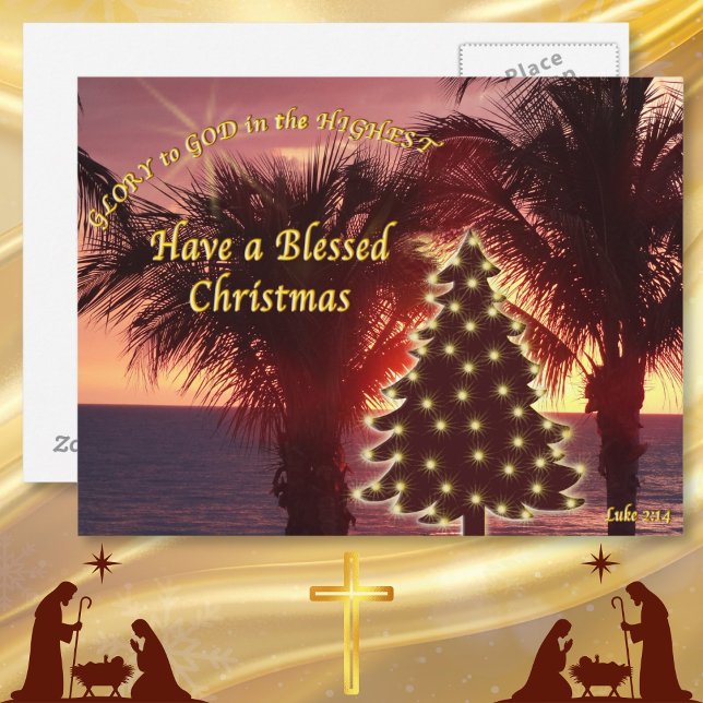 Cartes de Noël Sunset Beach Christian (Religious Christmas postcards. Cheap Christian Christmas postcards. Glory to God in the Highest.)