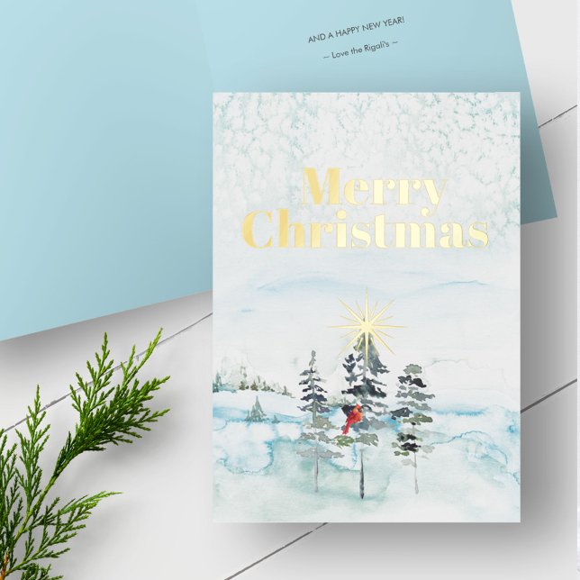 Cartes de Noël Watercolor personnalisées (Christmas cards watercolor pine trees and winter scene in blue with gold foil.)