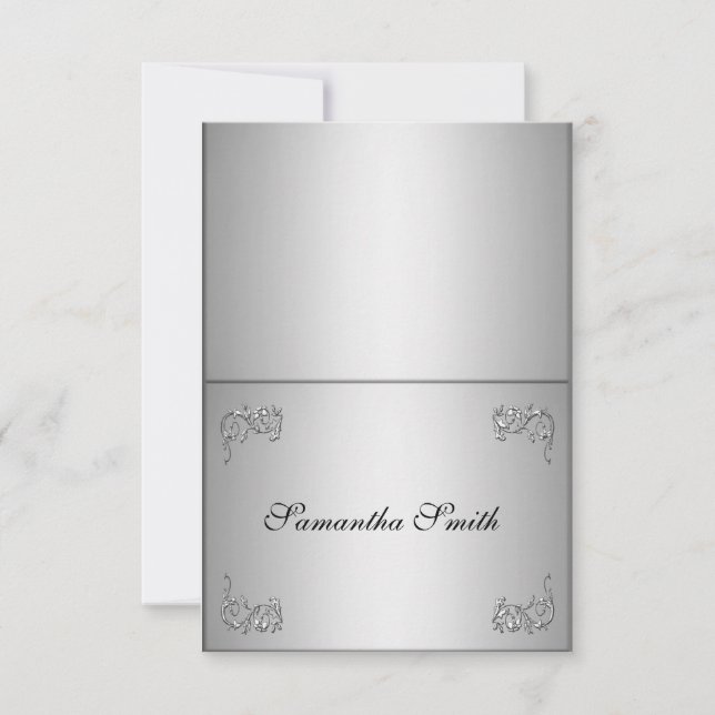 Cartes de nom élégantes à motif floral argenté (Devant)