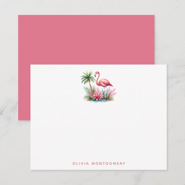 Cartes de notes de Flamant rose avec nom personnal (Devant / Derrière)