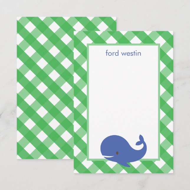 Cartes de notes personnalisées Baleine Gingham (Devant / Derrière)