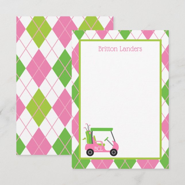Cartes de notes personnalisées Pink & Green Golf (Devant / Derrière)