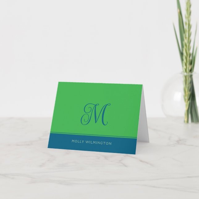 Cartes de notes simples monogramme vert et bleu (Devant)