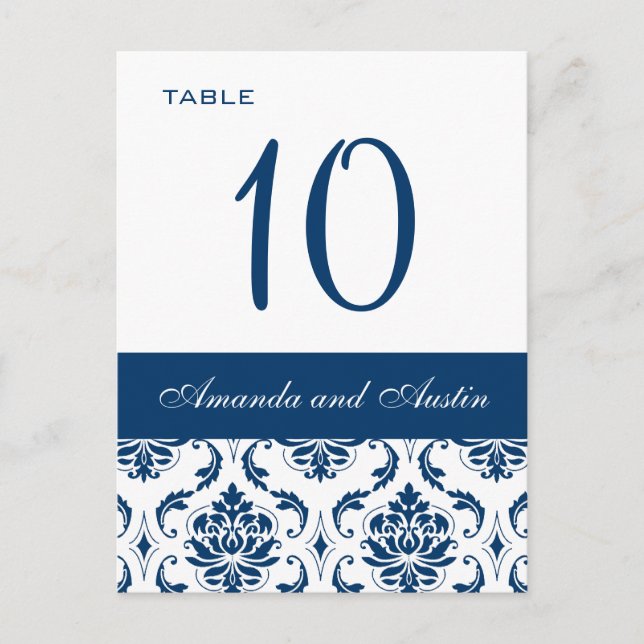 Cartes de numéro de table Blue Mariage damassé (Devant)