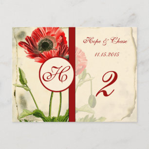Cartes de numéro de table coquelicot rouge en détr