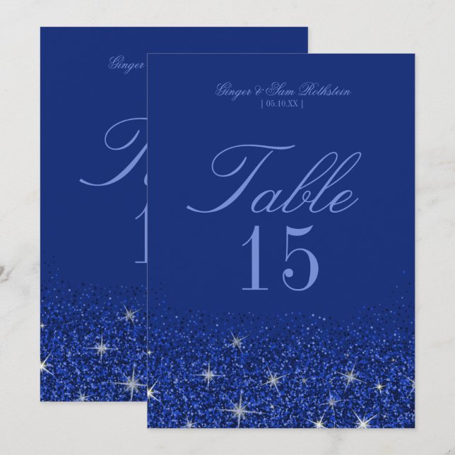 Cartes de numéro de table Glitz Glitter Saphir Cha (Devant / Derrière)
