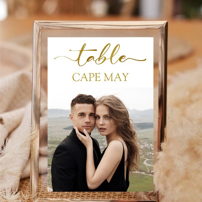 Cartes de numéro de tableau de photo Mariage blanc (Wedding Travel Destination Name Photo White Gold Table Number)