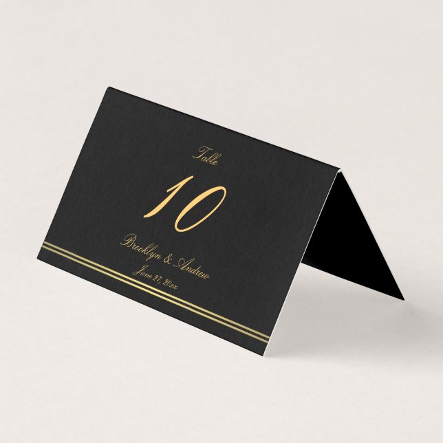 Cartes de numéros de table pliées noires élégantes (Front)