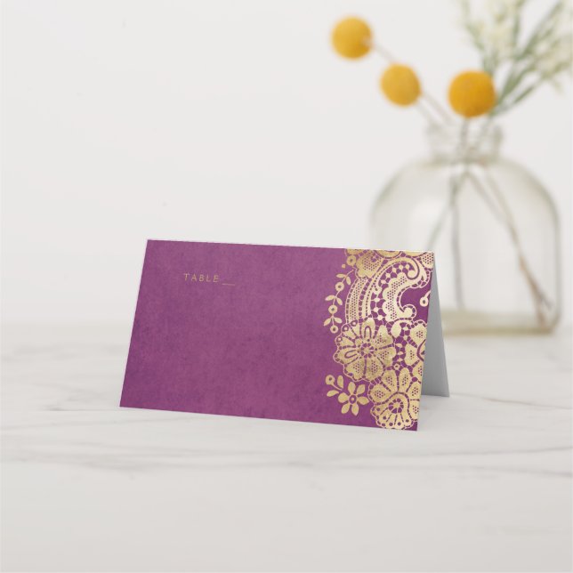 Cartes de place mariage en dentelle or violet élég (Devant)