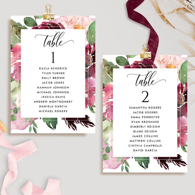 Cartes de plan de table Burgundy Blush avec noms d (Créateur téléchargé)
