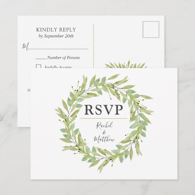 Cartes de poste RSVP de mariage de couronne verte (Devant / Derrière)