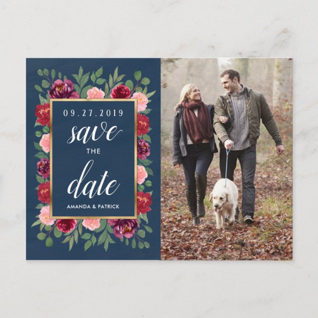 Cartes de préavis de mariage Rose bordeaux Or Navy (Devant)