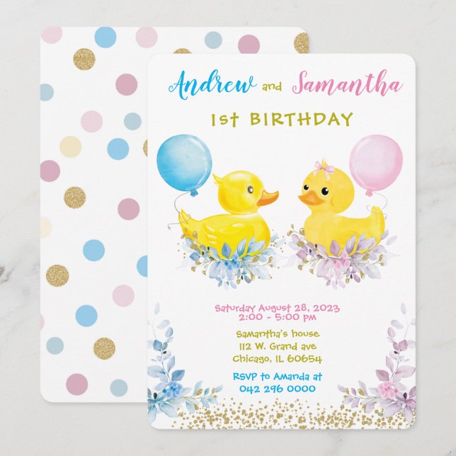 Cartes de premier anniversaire pour jumeaux en can (Devant / Derrière)