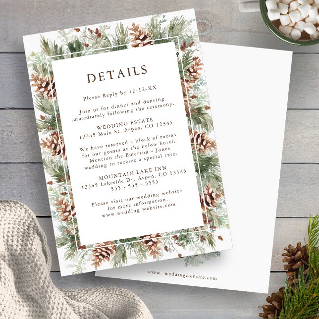 Cartes de Présentation de Mariage avec Verdure d'H (Winter Greenery Pinecone Wedding Details Enclosure Cards by Painted Paperie
)
