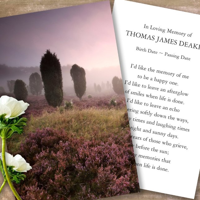 Cartes de prière pour funérailles Foggy Matin leve (pink heather fields, celebration of life, in loving memory of, prayer cards for bereavement)