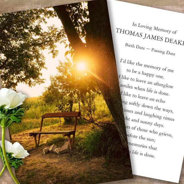 Cartes de prière pour le jardin funéraire Sunrise (sunset, sunrise, park bench, celebration of life, in loving memory of, prayer cards for bereavement)