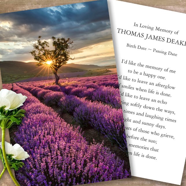 Cartes de prière pour le lever du soleil de lavand (sunset, sunrise, lavender, celebration of life, in loving memory of, prayer cards for bereavement)