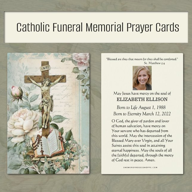 Cartes de prière pour les funérailles catholiques (Vintage Catholic Funeral Memorial Prayer Cards with Crucified and Roses)
