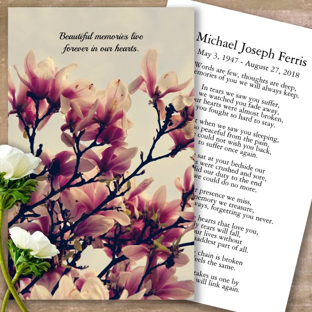 Cartes de prière | Sweet Magnolia - Deluxe (Forever in our hearts, celebration of life, in loving memory of, prayer cards for bereavement)
