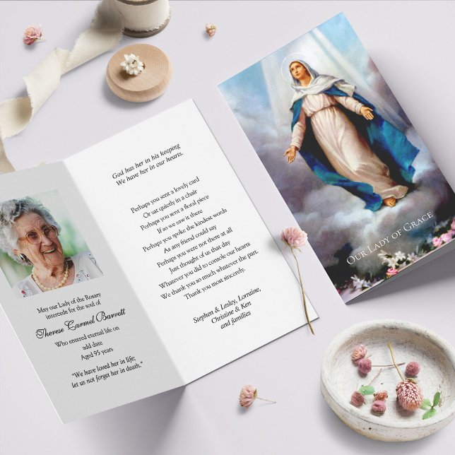 Cartes de prières catholiques | Notre Dame de grâc (catholic, religious, celebration of life, in loving memory of, prayer cards for bereavement)