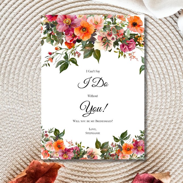 Cartes de proposition de femme de ménage rose roug (Pink Red Orange Watercolor Florals Bridesmaid Proposal Card. Digital or Printed)