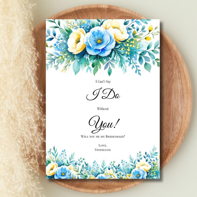 Cartes de proposition de fête de la mariée jaune b (Blue yellow watercolor floral bridesmaid maid of honor Bridal Party proposal card, Printed or digita)