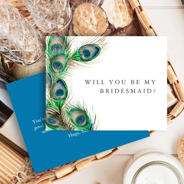 Cartes de proposition de servante d'accueil person (bridesmaid proposal card features watercolor peacock feather art by Victoria Grigaliunas)