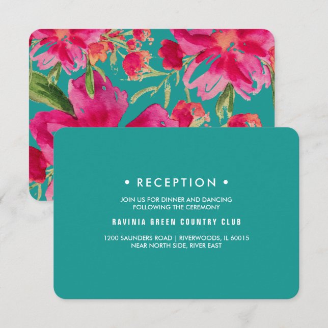 Cartes de réception Fuchsia Floral Turquoise (Devant / Derrière)