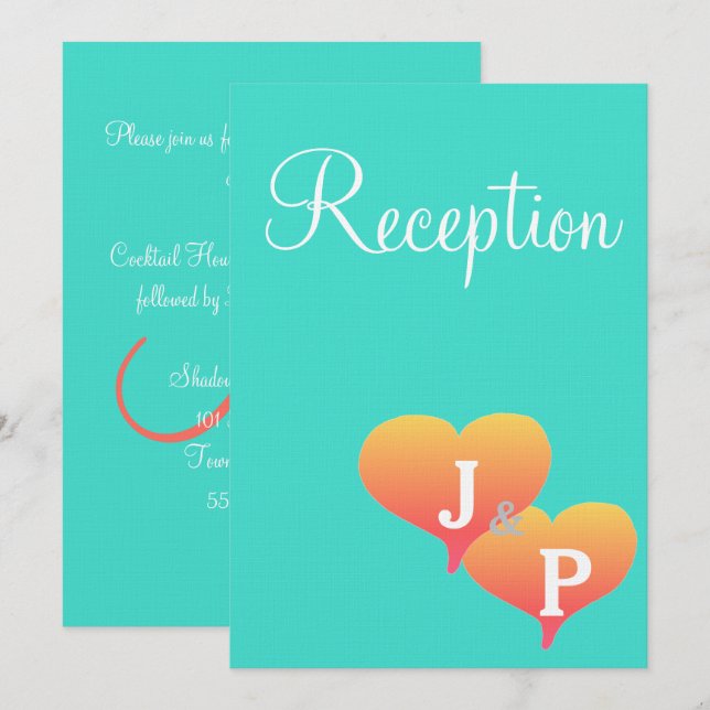Cartes de réception Monogramme Cœurs Coucher de so (Devant / Derrière)