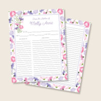 Cartes de recettes à fleurs sauvages violettes ros