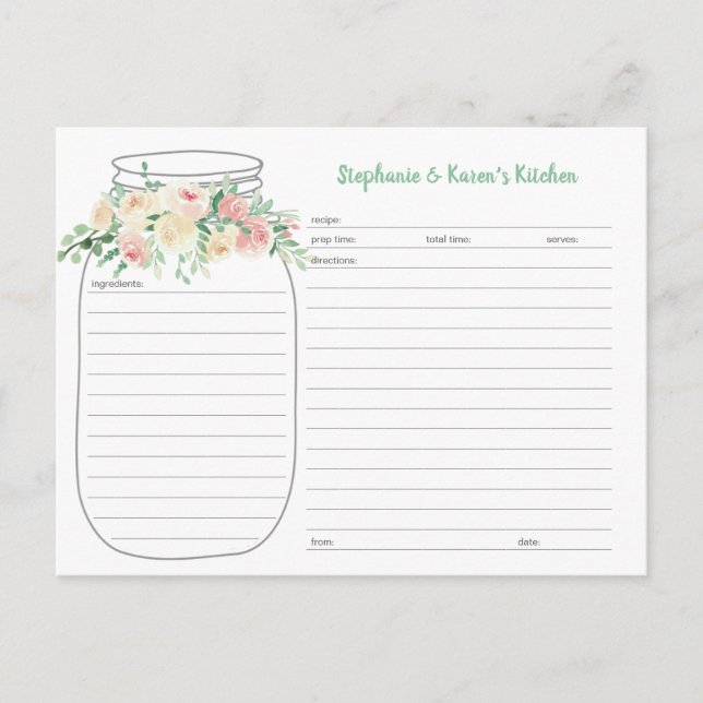 Cartes de recettes de jarres de maçon florales de  (Devant)