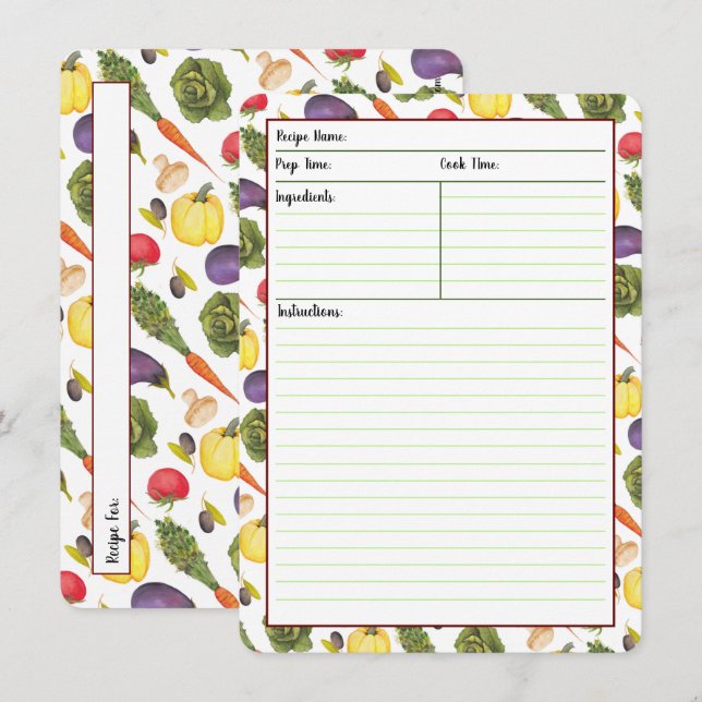 Cartes de recettes de légumes (Devant / Derrière)