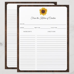 Cartes de recettes en bois rustique avec tournesol