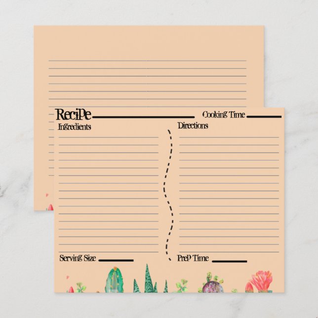 Cartes de recettes Rustique Boho Sud-Ouest Catcus (Devant / Derrière)