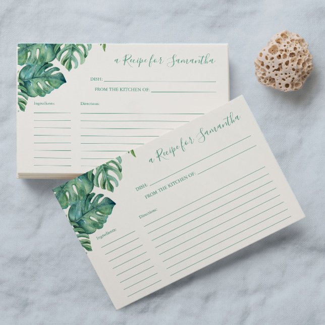 Cartes de recettes Végétation tropicale (Recipe cards for bridal shower watercolor tropical monstera palm leaf art by Victoria Grigaliunas )